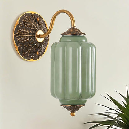 LOUSACE Antique Gold Wall Sconce with Green Milk Glass Shade, Vintage Brass Wall Light Fixture, Mid Century Restro Bathroom Vanity Light, Indoor Lighting for Bedroom Living Room Hallway