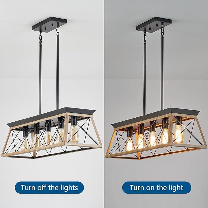 5-Light Farmhouse Dining Room Chandelier Over Table, Rustic Kitchen Island Lighting, Adjustable Height Pendant Light for Kitchen, Dining Room Table Rustic Wood