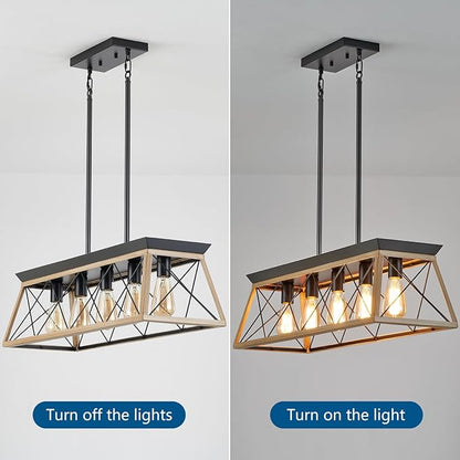 5-Light Farmhouse Dining Room Chandelier Over Table, Rustic Kitchen Island Lighting, Adjustable Height Pendant Light for Kitchen, Dining Room Table Rustic Wood