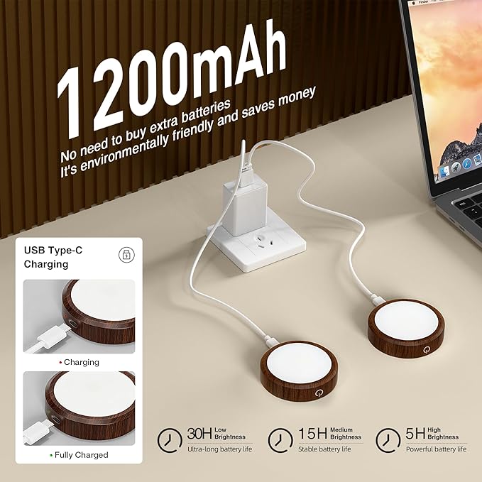 Puck Lights with Remote Control Rechargeable, Full-Screen Wireless LED Under Cabinet Lighting with Light Guide Plate,3 Color Dimmable Stick On Tap Lights for Kitchen,Counter,Closet,Shelf, 4PCS,Wood