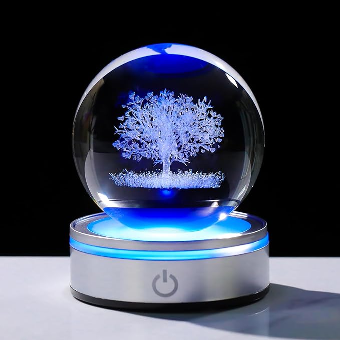 Arikyrist Crystal 3D Tree of Life 3.15in Ball Figurine Gifts for Her, Glass Plant Art Sphere for Room with LED Light Base for Men, Collectible Keepsake for Tree Lovers Home Decor Paperweight
