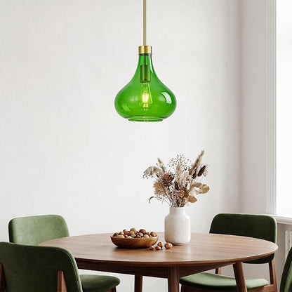 Modern Glass Pendant Light 9.44 in Green Glass Shade Gold Farmhouse Island Pendant Lights for Kitchen Pendant Lighting Over Sink Bedroom Dining Room