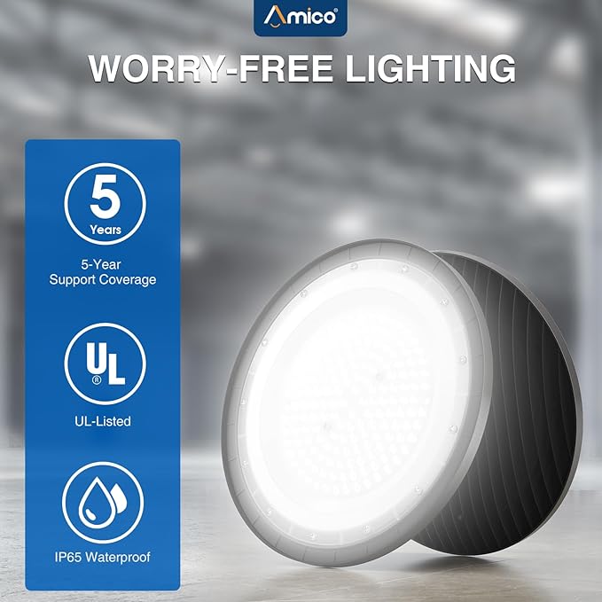 Amico UFO LED High Bay Light 150W 21000lm 5000K High Bay LED Shop Lights for Workshop Warehouse Barn with UL Listed US Hook 5' Cable Alternative to 650W MH/HPS for Commercial Lighting Fixture - 6 Pack
