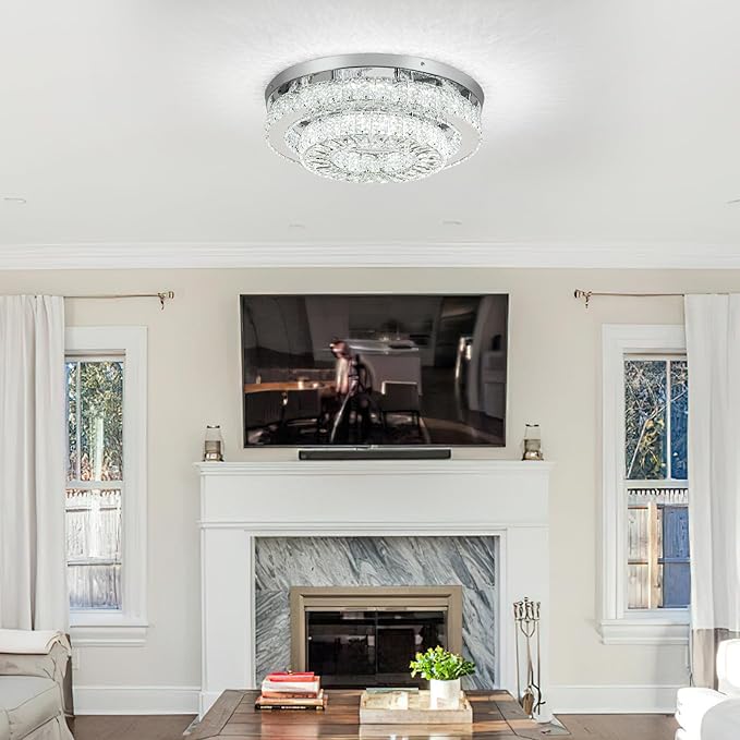 HOPGGIE 18“ Crystal Chandelier 2-Layer Ceiling Light Fixture Flush Mount LED Large Chandelier Light for Living Room Dining Room Bedroom (Cool White)