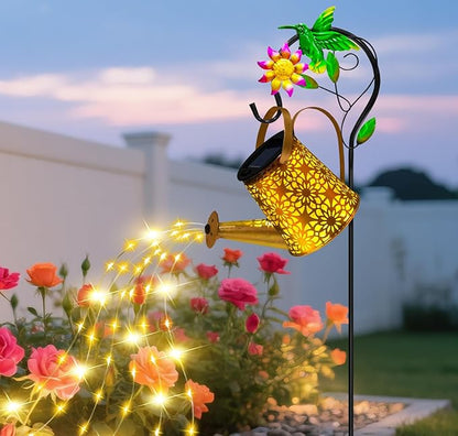 Solar Metal Watering Can with Hummingbird Shepherd Hook and Cascading Lights, Outdoor Solar Lantern for Garden, Yard, Patio Decor and Gardening Gifts for Women Mother's Day