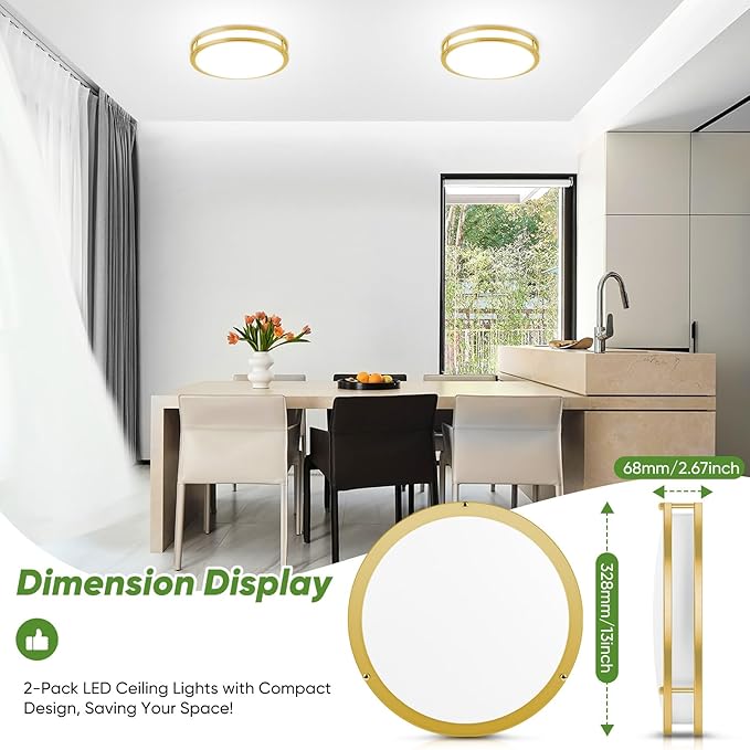 13 Inch Flush Mount Light Fixtures, 2-Pack Gold LED Ceiling Lights with 2700K/3000K/4000K/5000K/6500K 5 Color Temperatures, Modern Round LED Lights for Kitchen Bedroom Bathroom Living Room Closet