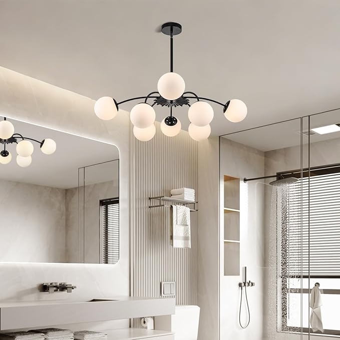 Longree 8-Light Black and White Sputnik Chandeliers with Milk Glass Pendant Light Fixture, with Blossom Accent Mid Century Frosted Glass Bubble Ceiling Lighting for Dining Entry Living Room