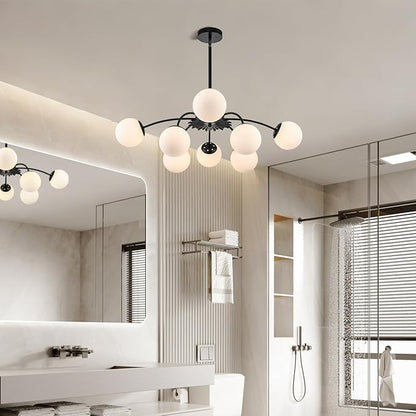 Longree 8-Light Black and White Sputnik Chandeliers with Milk Glass Pendant Light Fixture, with Blossom Accent Mid Century Frosted Glass Bubble Ceiling Lighting for Dining Entry Living Room
