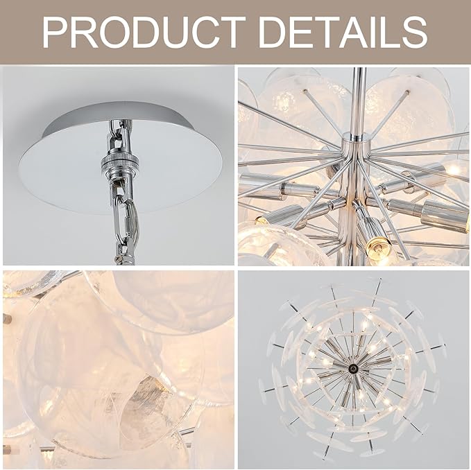 Dia 28 Inch, Modern Glass Chandeliers for Farmhouse, Large Unique Pendant Chandelier for Dining Room Bedroom Entryway Kitchen Foyer, Chrome Finish