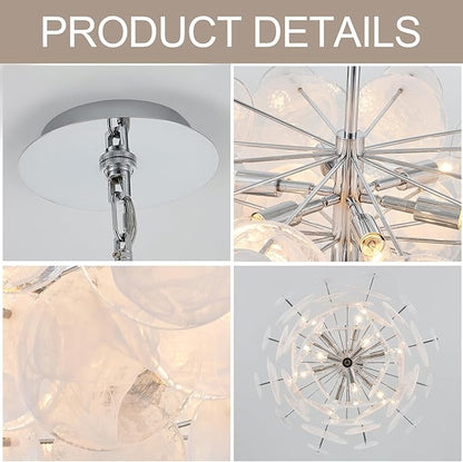 Dia 28 Inch, Modern Glass Chandeliers for Farmhouse, Large Unique Pendant Chandelier for Dining Room Bedroom Entryway Kitchen Foyer, Chrome Finish