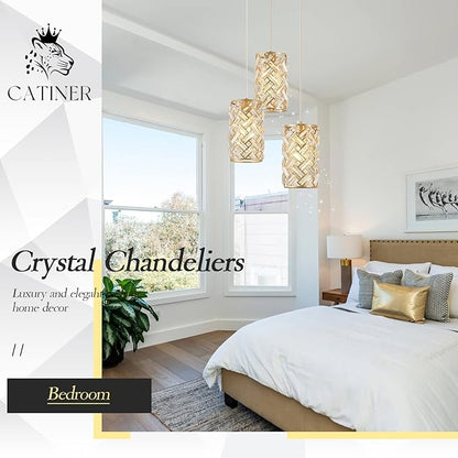 CATINER 3-Light Modern Gold Crystal Pendant Light Luxury Mini Chandelier, Adjustable Cluster Pendant Lighting for Kitchen Island Dinning Room Bedroom Hallway Porch