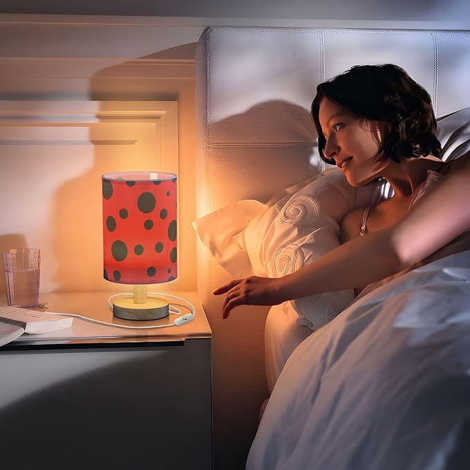 Ladybug Pattern Black Spots on Red Table Lamp with Wood Base Fabric Lamp Shade Bedside Nightstand Desk Lamp for Living Room Bedroom Kids Room Office