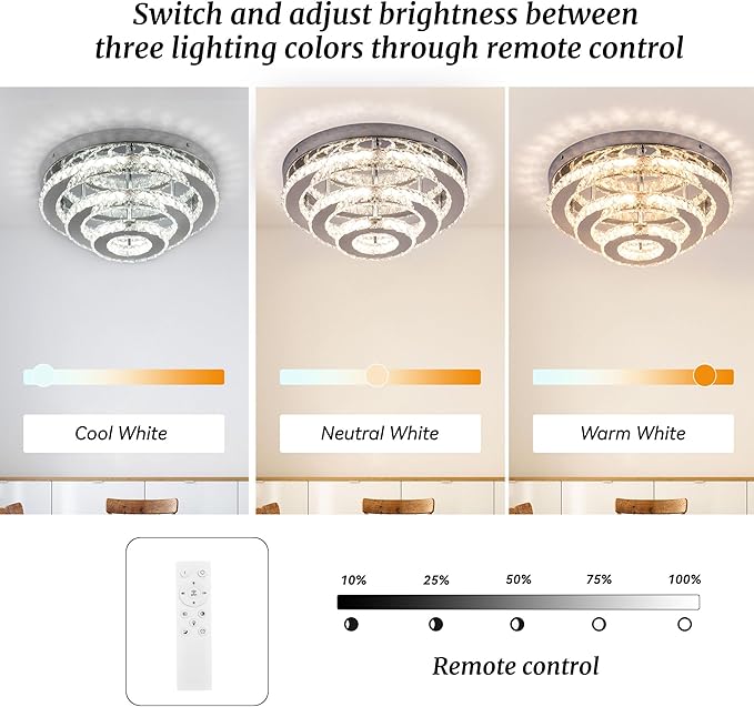 13.8 Inch Modern Crystal Chandeliers LED Crystal Ceiling Light 3 Tiers Ring Flush Mount Chandelier Ceiling Lights with Remote for Bedroom Living Room Kitchen Dimmable