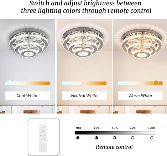 13.8 Inch Modern Crystal Chandeliers LED Crystal Ceiling Light 3 Tiers Ring Flush Mount Chandelier Ceiling Lights with Remote for Bedroom Living Room Kitchen Dimmable