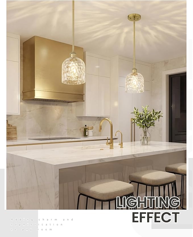 zeyu Glass Pendant Light Kitchen Island, Single Pendant Light, Gold Vintage Hanging Lamp with Clear Hammered Glass, Brushed Gold Finish, ZJF63MIL-L BG