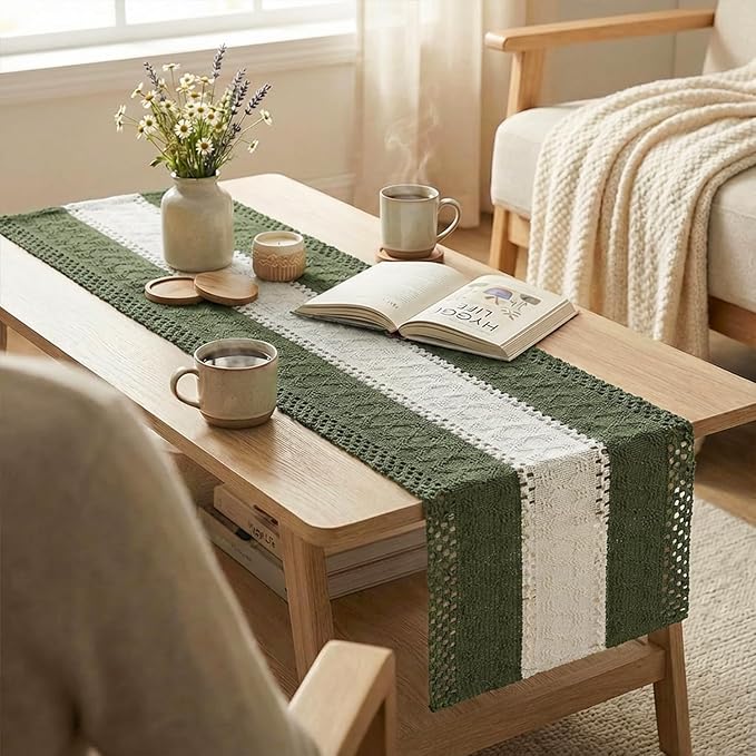 Artoid Mode Army Green Farmhouse Rustic Table Runner, Seasonal Hollow Kitchen Dining Table Decoration for Home Party Decor 12x72 Inch