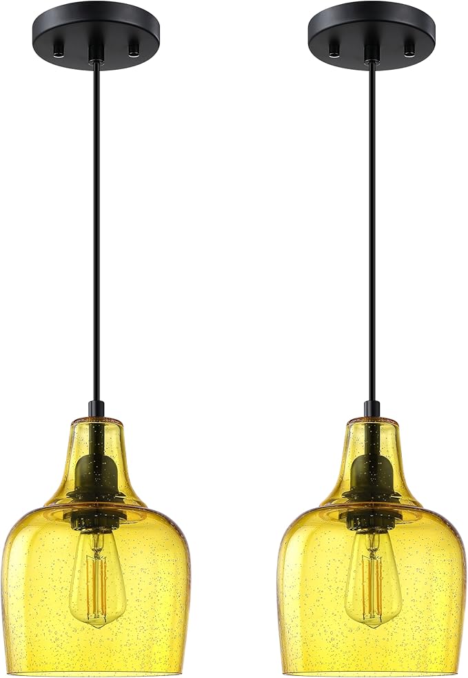 2 Pack 1 Light Hanging Indoor Kitchen Island Pendant Light 6.1" Seeded Yellow Glass Pendant Ceiling Light Fixtures Black Finish Modern Farmhouse Dinning Over Sink