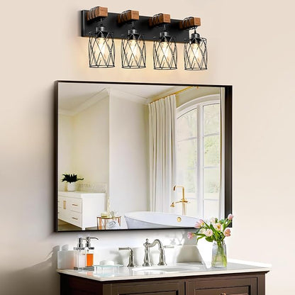 IZORRO Farmhouse Bathroom Vanity Light, 4-Light Wood Bathroom Light Fixtures Over Mirror, Black Industrial Vanity Lights with Metal Shade, Rustic Restroom Lighting Fixtures