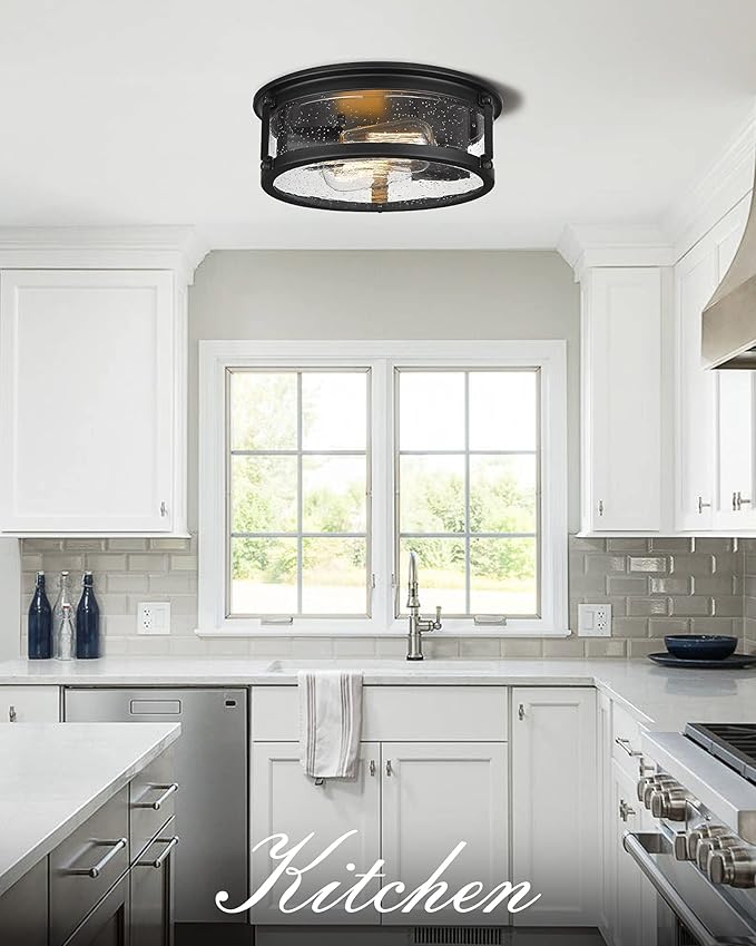 Black Flush Mount Ceiling Light, 2-Light Metal Cage Ceiling Light Fixture, Industrial Farmhouse Flush Mount Light with Seeded Glass Shade for Kitchen, Hallway, Bedroom (12 Inch)