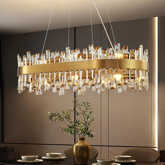Modern Crystal Chandelier, 16-Light Rectangular Gold Crystal Chandelier for Dining Room, Luxury Oval 2-Tiers K9 Crystal Flush Mount Pendant Ceiling Light for Living Room Kitchen Island L35.4''