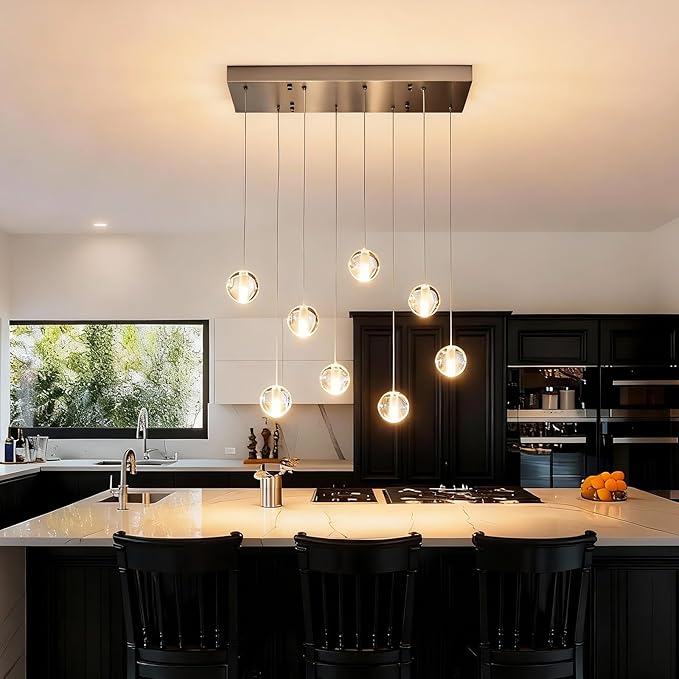8 Lights Nickel Raindrop Rectangle Chandelier, Modern Bubble Crystal Chandelier for Dining Room, Large Pendant Light for High Ceilings Staircase Foyer Entryway Living Room Kitchen Island