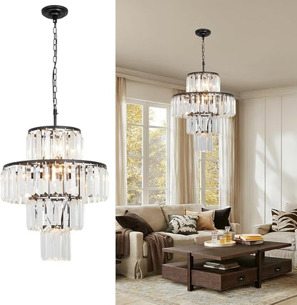 Black Crystal Chandelier, 7-Light 4 Tiers 13.77" Crystal Light, Adjustable Hanging Metal Ceiling Lighting Fixture, Modern Foyer Dining Room Chandeliers for Bedroom,Hallway,Kitchen