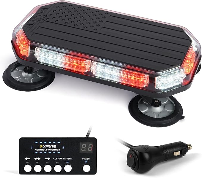 Xprite 42 LED Rooftop Strobe Beacon Lights - Magnetic Mount Emergency Light Bar for Firefighters, Ambulances, Tow Trucks, Construction Vehicles, White Red Flashing Caution Lights