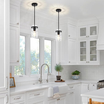 2 Pack Black Pendant Lights Kitchen Island, Modern Hammered Glass Pendant Lighting Over Island Hanging Kitchen Light Fixtures Hallway Ceiling Lights Adjustable Pendant Light for Dining Room Entryway