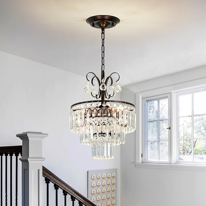 Black Crystal Chandeliers,3-Lights Modern Crystal Chandelier for Dining Room,3 Tiers Small Chandeliers for Living Room Bedroom Kitchen Entryway G9 Base
