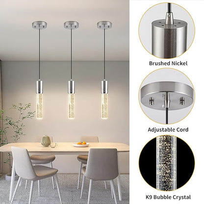 Brushed Nickel Pendant Lights Kitchen Island, Crystal Bubble Pendant Lights, Adjustable Modern Pendant Light Fixtures for Dining Living Room Bedroom 3 Pack