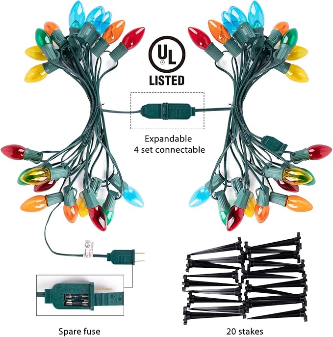 C9 Christmas Pathway String Lights, 2 Pack 25.7 Ft C9 20 Lights with 20 Multicolored Glass Bulbs and 20 Stakes Connectable Waterproof for Outdoor Indoor Xmas Party Holiday Decoration, Multicolor