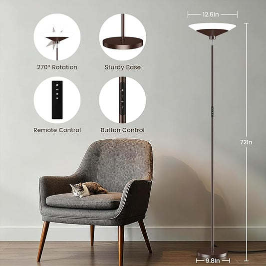 SIBRILLE Brown Torchiere Floor Lamp - 30W Dimmable LED Standing Lamp with Remote, 4 Color Temps, Stepless Dimming, 3000-6500K, 1800LM, 72in Tall Floor Light for Office Bedroom Living Room Corner