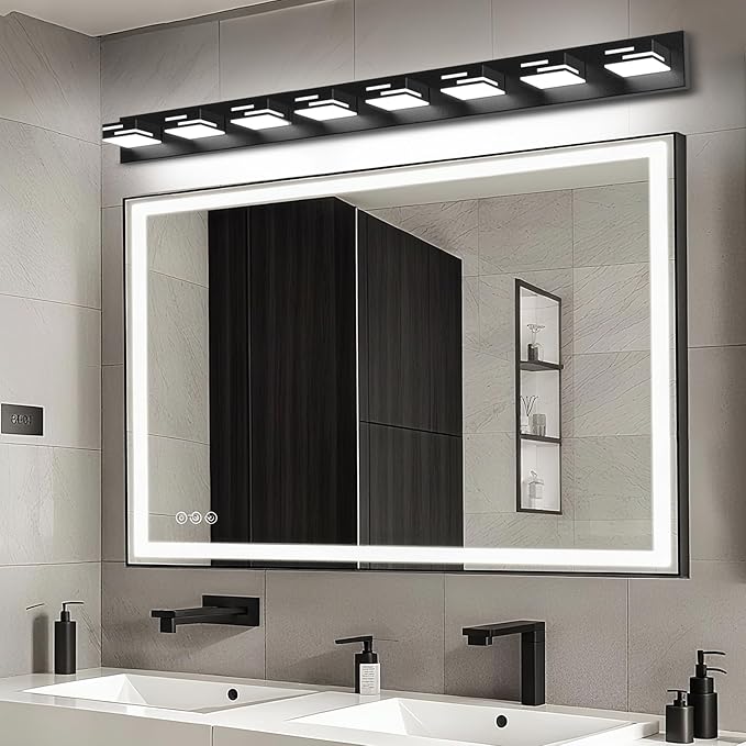 LED Modern Bathroom Vanity Light Fixtures 8-Light 55-inch 5CCT Dimmable Matte Black Vanity Lights for Bathroom Lighting Fixtures Over Mirror, with 360° Rotatable Acrylic Heads