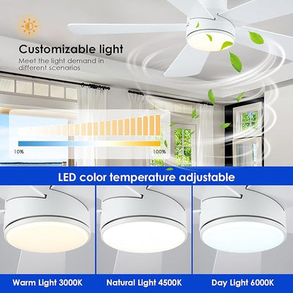 Hounberi 46 Inch Flush Mount Ceiling Fan with Lights and Remote, Modern Quiet DC Motor Low Profile Ceiling Fan for Low Ceilings, 5 Reversible Blades, 6 Speeds Dimmable, Indoor Outdoor Bedroom, White