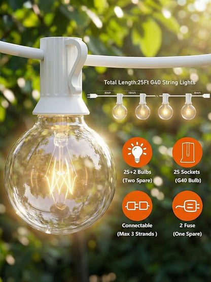 25FT G40 Outdoor String Lights with 27 Globe Clear Bulbs(2 Spare) Patio String Lights Outdoor Waterproof for Party Wedding Garden Commercial Decoration, 5 Watt Bulbs E12 Base- White Wire