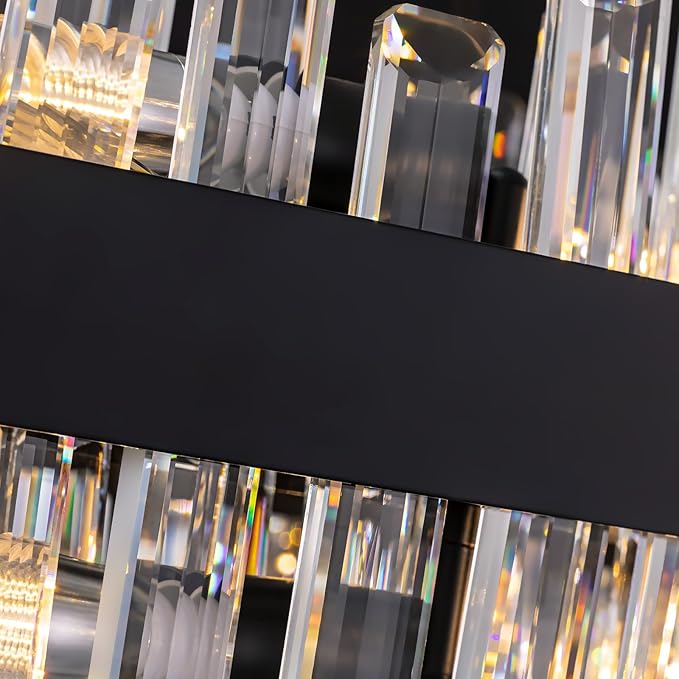 Modern Black Crystal Chandelier, 16-Light Rectangular 2-Tiers K9 Crystal Raindrop Chandelier, Luxury Flush Mount Hanging Ceiling Light for Dining Room Living Room Kitchen Island L35.4''