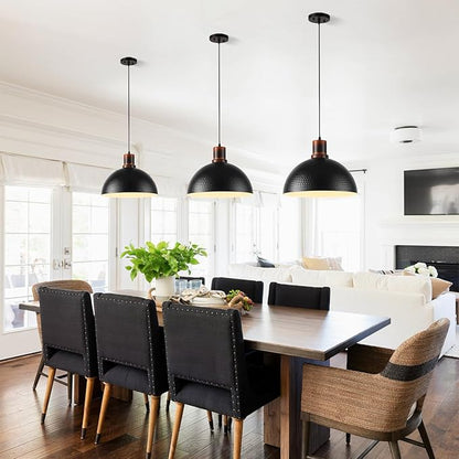 Modern Solid Wood Pendant Lights,15.7" Hammered Metal Shade,Black Finish Hanging Lighting Lamp Industrial Dome Ceiling Light Fixtures for Kitchen Island, Farmhouse, Dining Room