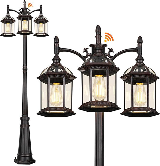 Dusk to Dawn Outdoor Lamp Post Light with 3 LED Bulbs, Triple Head Aluminum Street Light Post for Outside with Sensor, Waterproof Birdcage Pole Lighting Fixture for Backyard Garden Patio Bronze