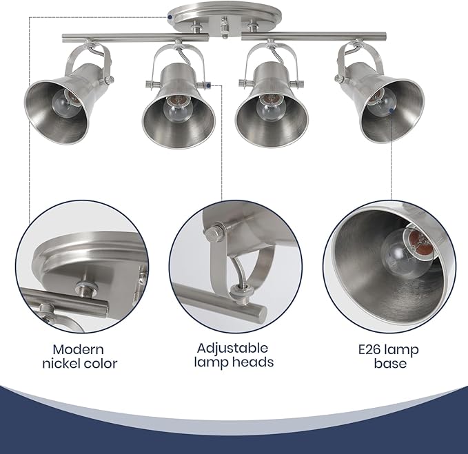 4-Light Track Lighting Fixtures Ceiling, Industrial Modern Kitchen Track Lighting, Nickel Directional Ceiling Light, for Kitchen Island, Dining Room, Living Room