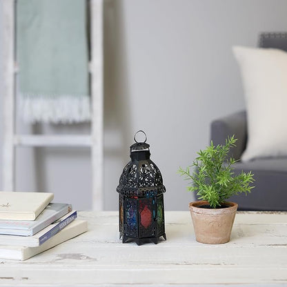 Zingz & Thingz Moroccan Style Candle Lantern Holder, Decorative Light Home Decor, Indoor & Outdoor, 13" Tall, Black with Rainbow Glass