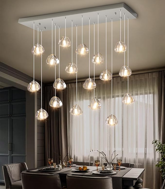 HAIXIANG W35 x D11.8 x H118 Rectangular Chandelier Bubble Crystal Balls Glam Chandeliers Dimmable Light High Ceiling Pendants Light Fixtures Adjustable Long Lights Brushed Nickel