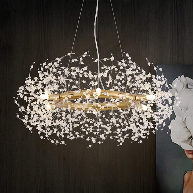 Macarena Modern Crystal Gold Chandelier Dinning Room Light Fixture Firework Round Pendant Hanging Lighting for Bedroom Living Room Closet Bathroom Kitchen