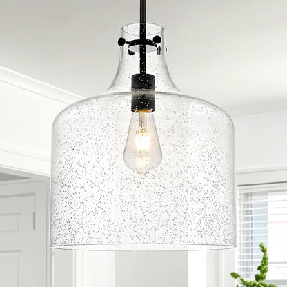 12" Black Seeded Glass Pendant Light Modern Hanging Ceiling Light for Kitchen Island Dining Room Hallway Farmhouse Hand-Blown Bubble Glass Lighting, E26 Socket