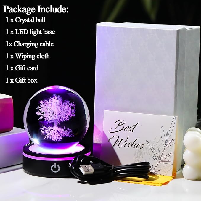YWHL 3D Crystal Tree of Life Figurines Ball with Colorful Light Base, Laser Engraved Tree of Life Sphere Gifts for Women Men on Birthday, Glass Art Collection for Home Decor(80mm)