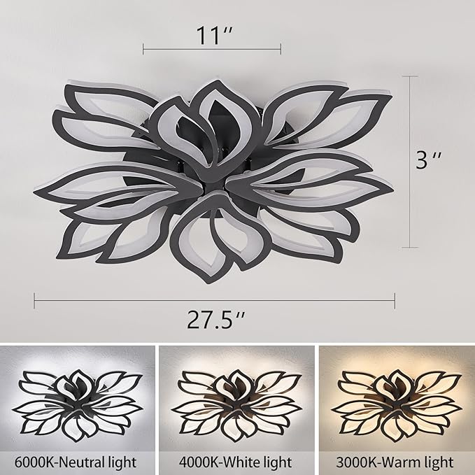Modern LED Ceiling Light Fixture Dimmable, 28" Black Modern Flower Ceiling Light with Remote Control, Low Profile Flush Mount for Bedroom, Kitchen, Living Room