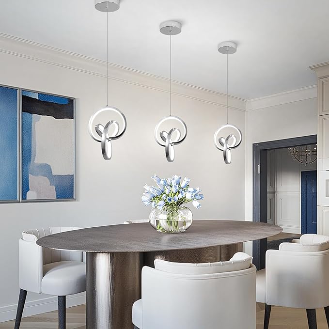 3000~6000K Modern Pendant Light Fixtures, LED Pendant Lights Kitchen Island Lighting Adjustable Height Chrome Hanging Lights for Dining Room Kitchen Bedroom, 1Pack