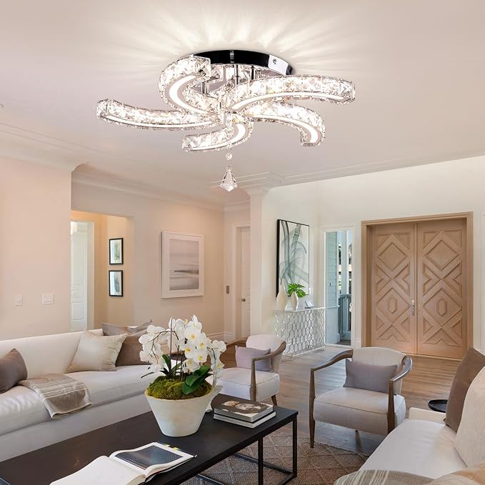 Finktonglan 19.7" Dimmable Crystal Semi Flush Mount Ceiling Light with Remote, 5-Light LED Modern Chandelier, K9 Crystal & Acrylic, 25W, 3000K–6500K Adjustable, Bedroom Living Room Dining