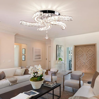 Finktonglan 19.7" Dimmable Crystal Semi Flush Mount Ceiling Light with Remote, 5-Light LED Modern Chandelier, K9 Crystal & Acrylic, 25W, 3000K–6500K Adjustable, Bedroom Living Room Dining