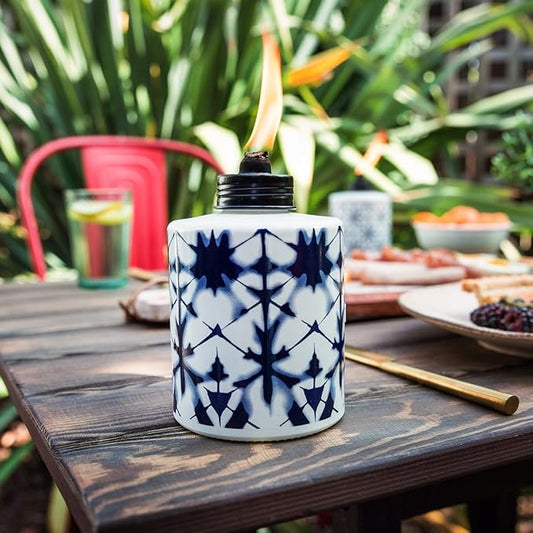 TIKI Glass Tie-Dye Tabletop Torches, 3-Pack – Decorative Outdoor TIKI Torches for Patio, Backyard & Garden – Portable Tabletop Citronella Torches for Outdoor Lighting – Blue, 5.75-Inch