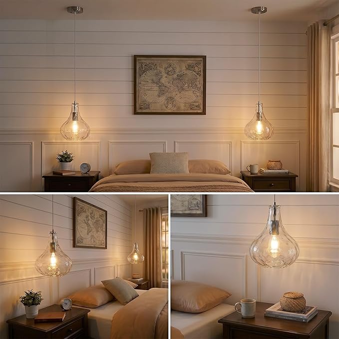 Modern Glass Pendant Light 9.44 in Clear Hammered Glass Shade Brushed Nickel Farmhouse Island Pendant Lights for Kitchen Pendant Lighting Over Sink Bedroom Dining Room
